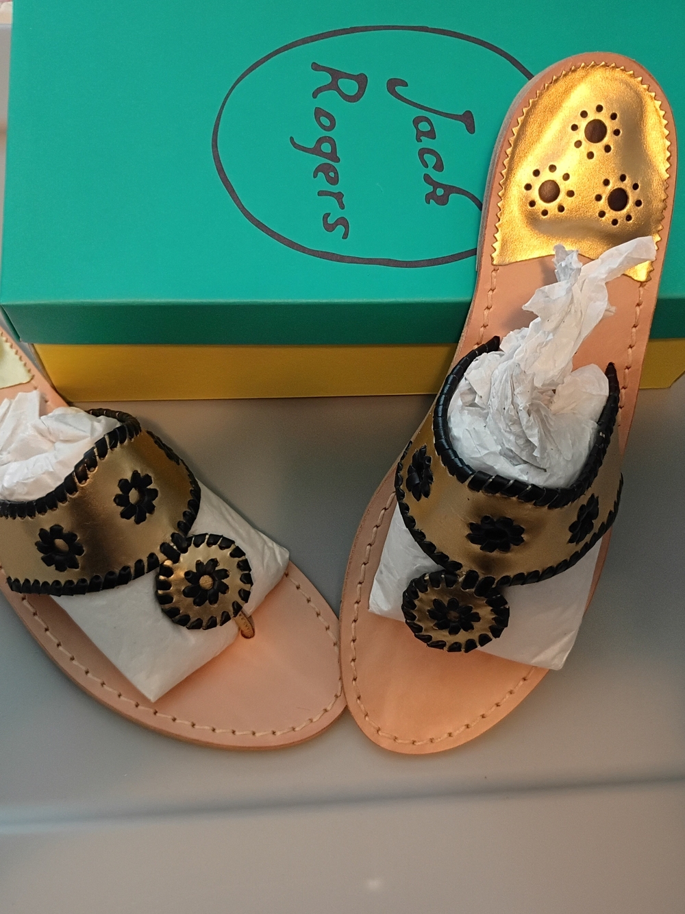 Jack Rogers Metallic Gold and Black Floral Medallion Sandals